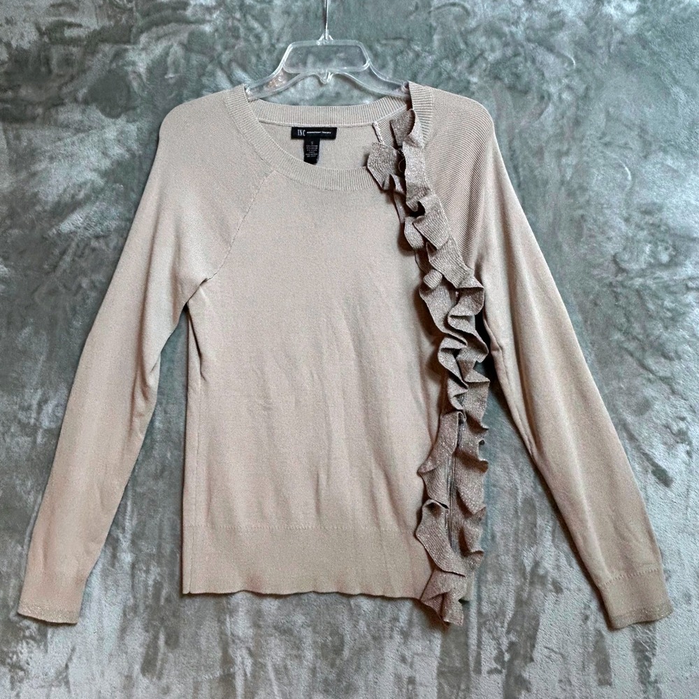 INC International Concepts Toad Stool Ruffle Zipper Sweater Tan Small 100019470M